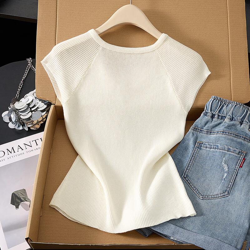 Damen V-Ausschnitt Strick-T-Shirt aus Wollmischung und Eis seide