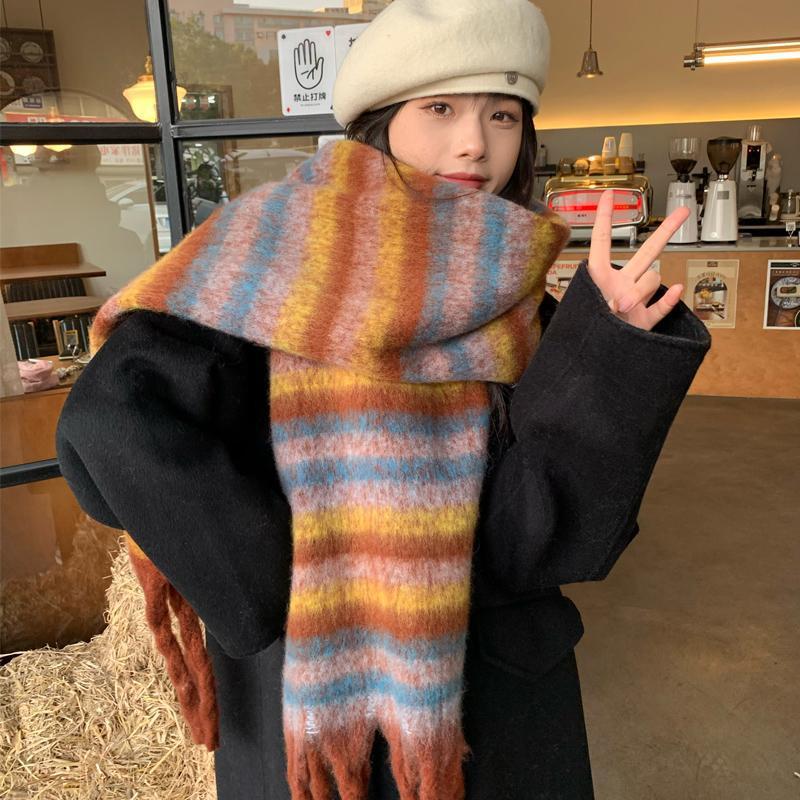 Korean Version of Striped Seahorse Hair Scarf Winter Girls High-end Pulling Color Warm Scarf Student Couple Shawl