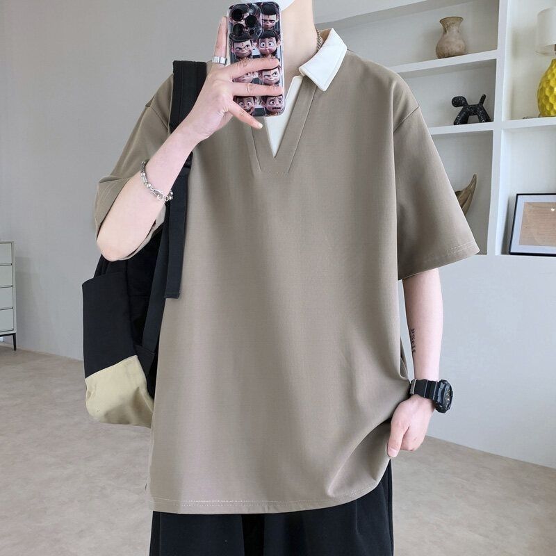 

Men s Beige Contrast Collar V-Neck Polo Shirt Oversized Short Sleeve Casual Top L сірий колір