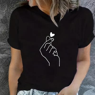 Women Summer T Shirt  Print Heart Gesture Short Sleeve Tees Casual   Printed  Tops