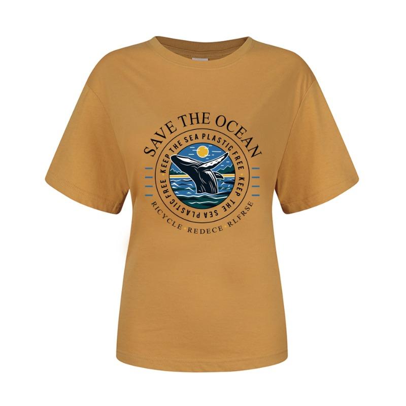 Spring Summer Whale Swimming Letter Pattern Printed Loose Fitting Cotton Short Sleeved Round Neck T-Shirts Women’s