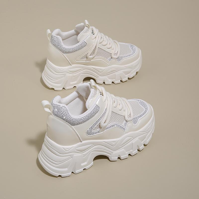 Fashion New Women Leather Platform Sneakers Spring Trainers White Shoes 9CM High Heels Wedge Outdoor Sport Shoes Breathable Casual Shoes