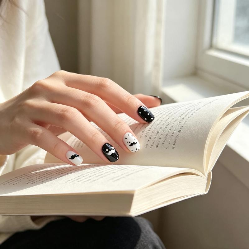 10/30Pcs Short Square Nail Tips Wearable Nail Art Black And White Contrasting Colors With Mustaches Hearts Decor For Women