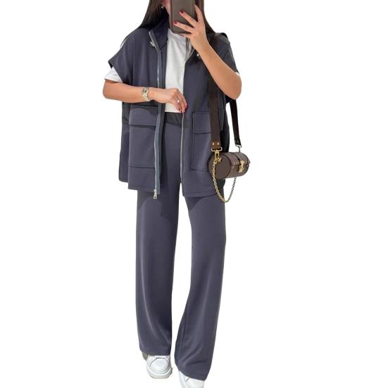 Women's Two Piece Outfit Casual Full And Wide Leg Pants Short Sleeve Shirt Set Casual