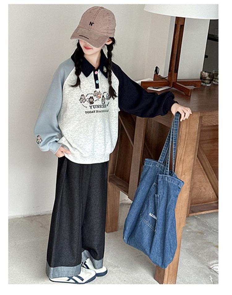 Mädchen 2025 Herbst Polokragen Raglanärmel Sweatshirt - Stilvolles Herbstoberteil für mittlere und große Kinder