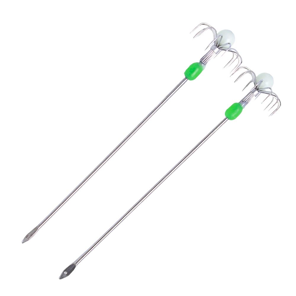 

2 шт. светящиеся крючки для ловли кальмаров, двухслойные/однослойные крючки для ловли кальмаров, живые креветки, стержень из нержавеющей стали, рыболовные крючки для ловли осьминогов 2