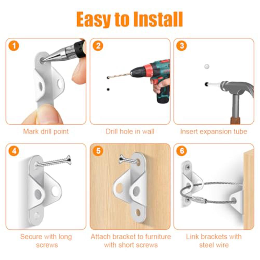 6PCS Stainless Steel Anti Tilt Fastener Kit for Furniture Cabinets with Metal Brackets and Steel Cables to Prevent Tipping Risks