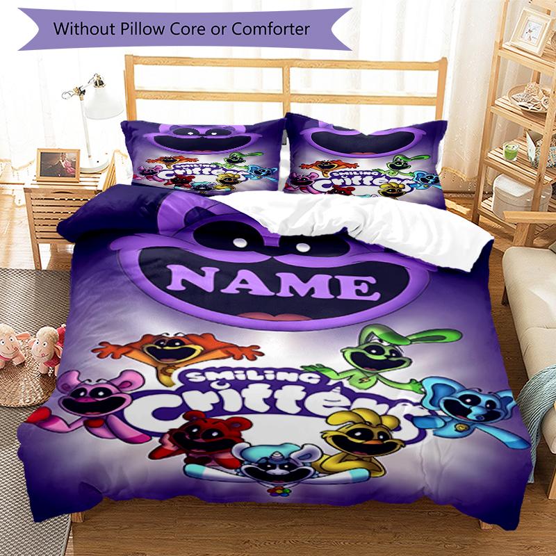 3pcs Custom Name Smiling Critters Bedding Set Duvet Cover Closure Includes 1 Duvet Cover & 2 Pillowcases, Soft and Comfortable for All Seasons.