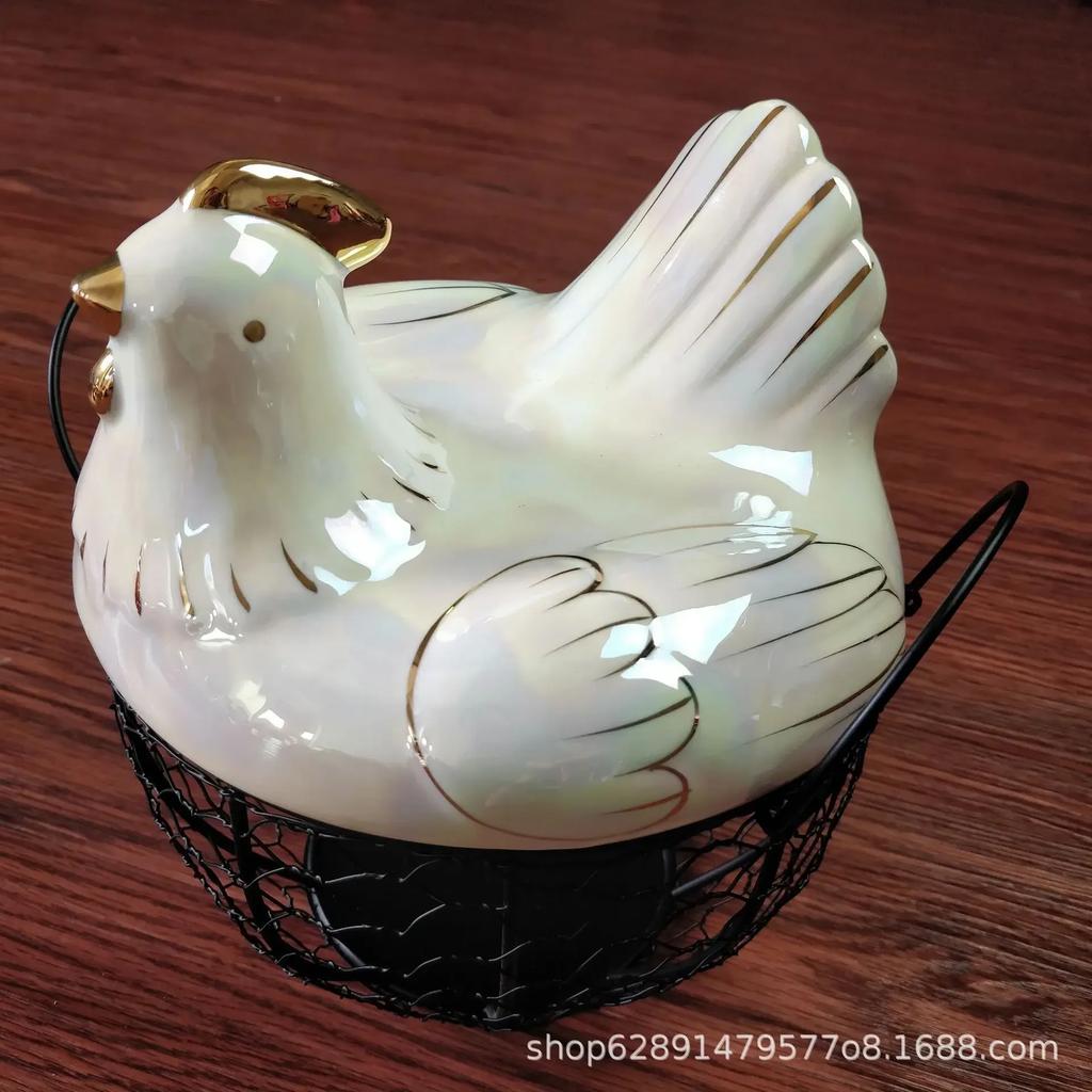 Cute Hen-shaped Egg Storage Basket Metal Wrought Iron Egg Basket with Lid Kitchen Food Debris Storage Container Home Decoration