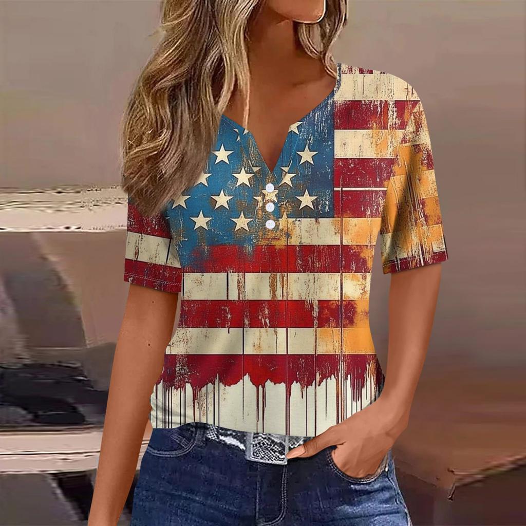 Dámské tričko Tričko Potisk knoflíku Krátký rukáv Denní víkend Móda Basic Top s výstřihem do V