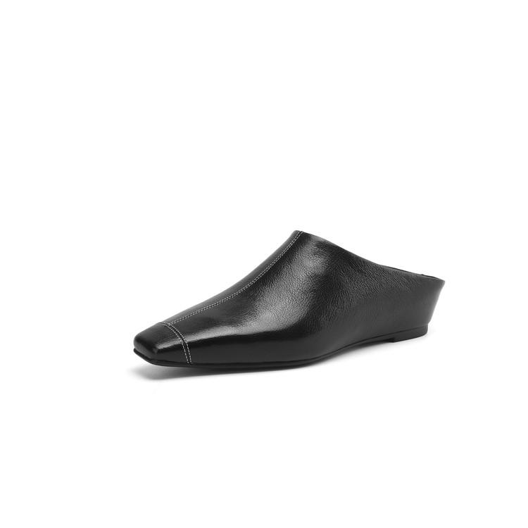 Fashion NEW Summer Women Mules Genuine Leather Shoes for Women Cover Toe Height Increasing Slippers Square Toe Concise Sewing Sandals
