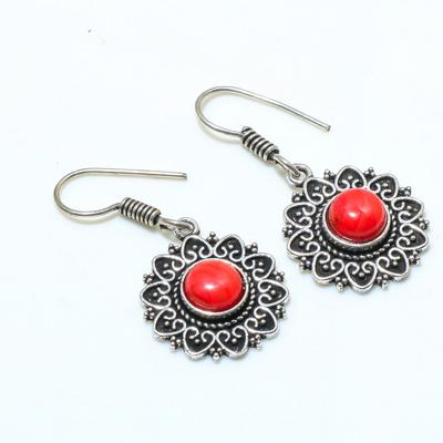 Red Coral Round Shape Gemstone Handmade Earring Jewelry 925 Silver Earring Jewelry Size 1.98 Inches