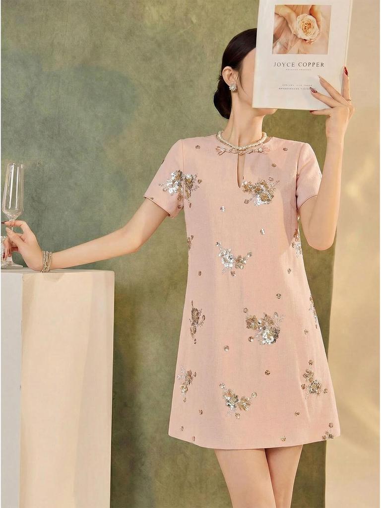 Chinese National Style Embroidered Summer Dress with Beading In Floral A-line Design
