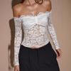 Spring Summer Ladies White Off Shoulder Long Sleeve French Retro Lace Shirt Top Fashion Daily Basic Office Lady Casual Slim Fit Ladies Elegant Top
