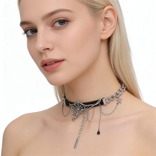 Unisex European Punk Black Leather Choker with Metal Chain and Lock Pendant.