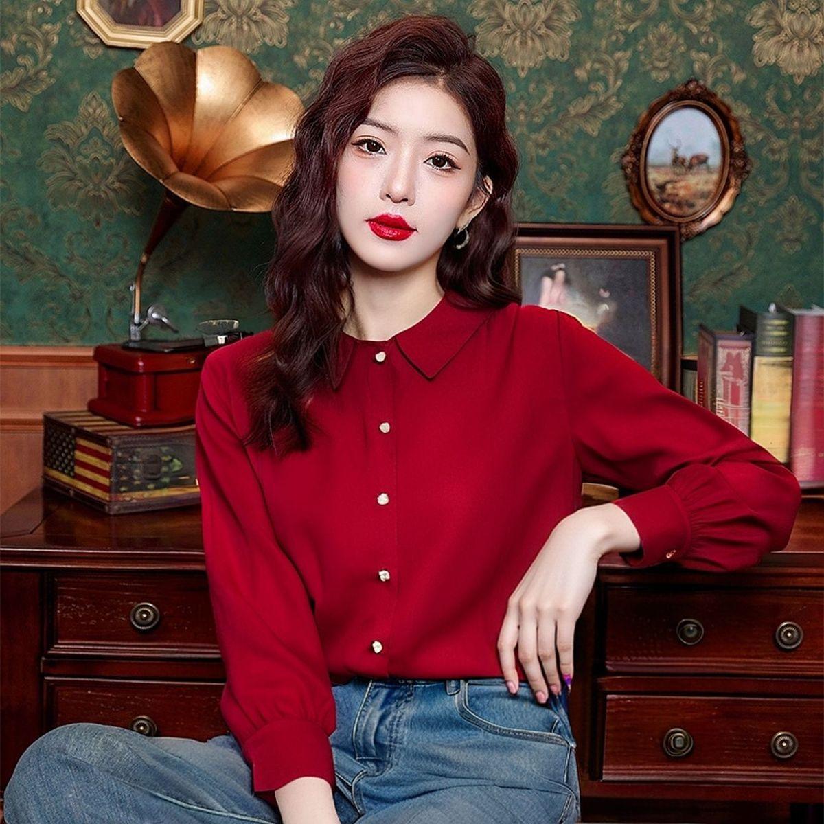 

High-end Temperament Tops for Women in Autumn Fashionable Long-sleeved Shirts High-end Solid Color Versatile Button Cardigans L бордовий