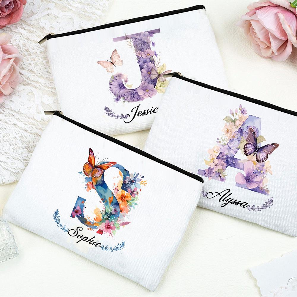 Personalized Initial with Name Makeup Bag for Women A-Z Cosmetic Bags Girls Travel Toiletry Pouch Wedding Birthday Gift for Her