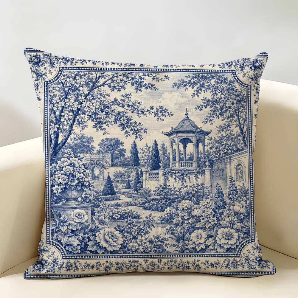 Funda de Cojín Paisaje Azul Blanco Duradera Hipoalergénica Lino Orgánico Funda de Cojín Corto Lavable