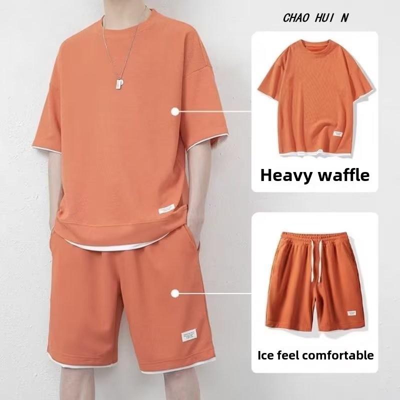 

Мужской повседневный летний комплект из футболки и шорт из вафельной ткани - Trendy Sportswear M красный/оранжевый