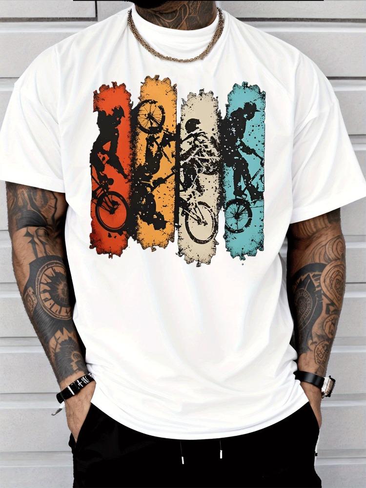 Vintage BMX Stunt Bike Silhouette Unisexs Tee Retro Color Block Graphic Cotton Short Sleeve Loose Outdoor Sports Daily Street Tops