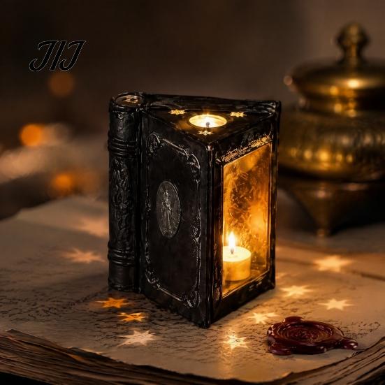 Holiday Anniversary Gift Metal Magic Book Candle Box with Light, Lighted Holder Ornament, Decorative Pillar Stand for Living Room Bedroom Office