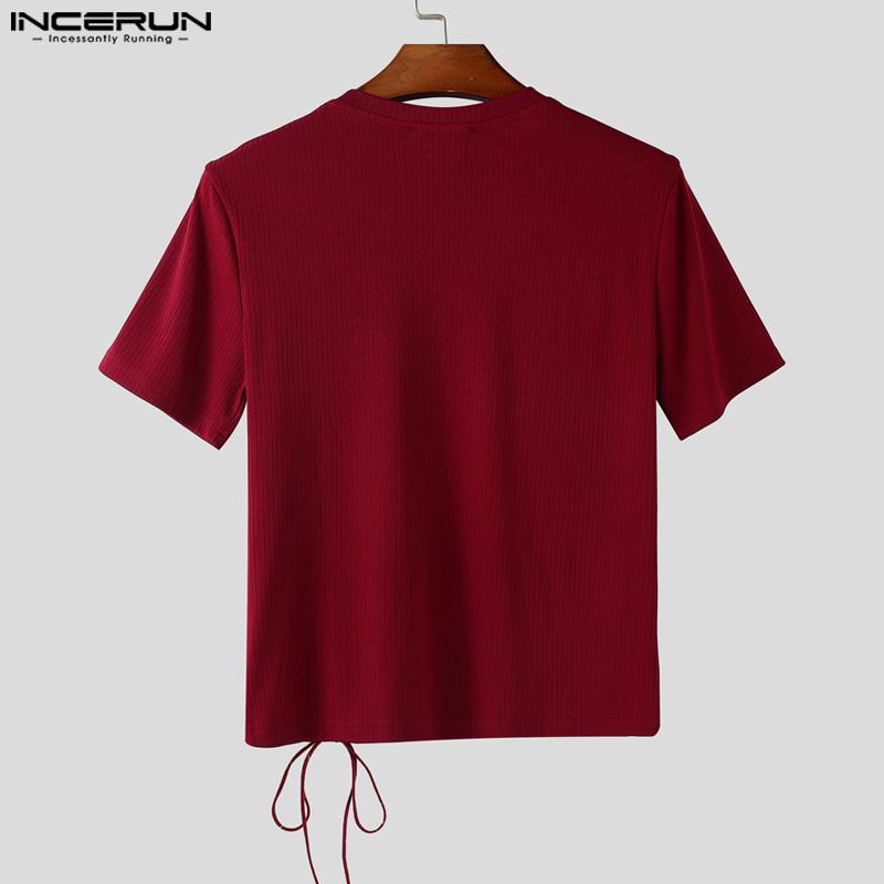 INCERUN Men V Neck Short Sleeve Bandage Rib Casual Fitted Short T-shirts Tops