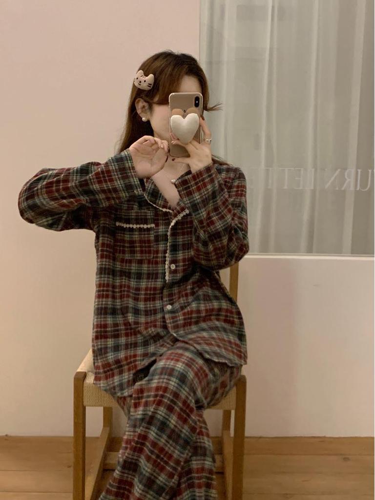 Japanese & Korean Style Couple's Plaid Lace Long-Sleeve Pajama Set