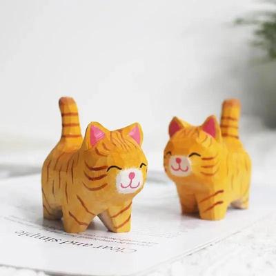 Cute Cat Shape Handmade Wood Carving Kitten Ornaments Small Animal Creative Desktop Wood Cat Decoration Crafts Ornament