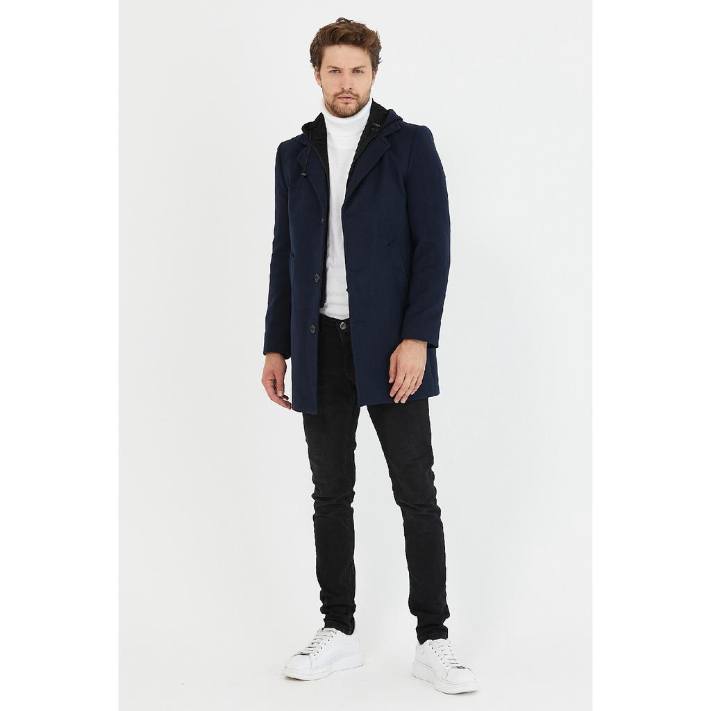 Schwarzer langer Herrenmantel aus Wollmischung und Kaschmir mit Kapuze, Reißverschluss und Knöpfen auf der Vorderseite