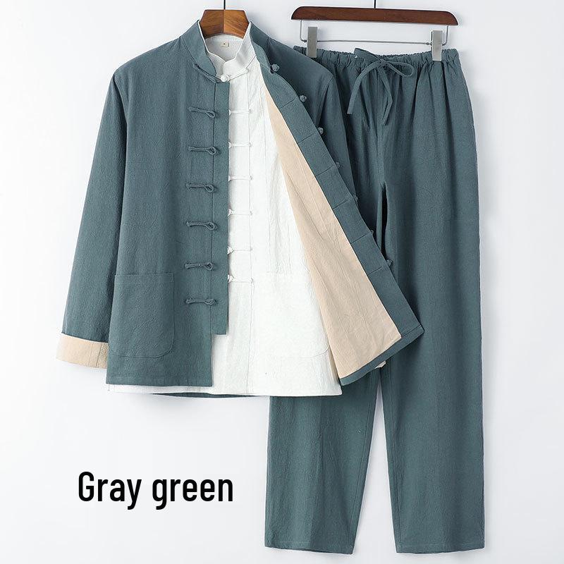 

Мужской костюм тан из льна для молодежи и пожилых: Ханфу в стиле из трех частей с длинным рукавом 5XL/195 (215-230 catty)