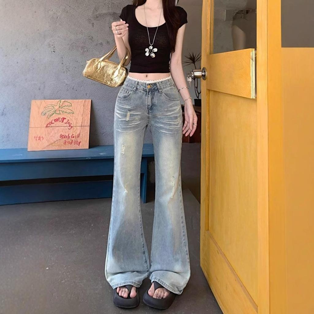 Fashionable Comfortable Versatile Young Ins Retro Jeans Women Lace Lace Low Waist Slimming Thin Micro Flare Trousers Jeans for Women Long Denim Pants