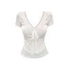 Summer lace splicing straps V-neck front shoulder short-sleeved T-shirt fashionable foreign style slim fit pure desire style versatile top ins