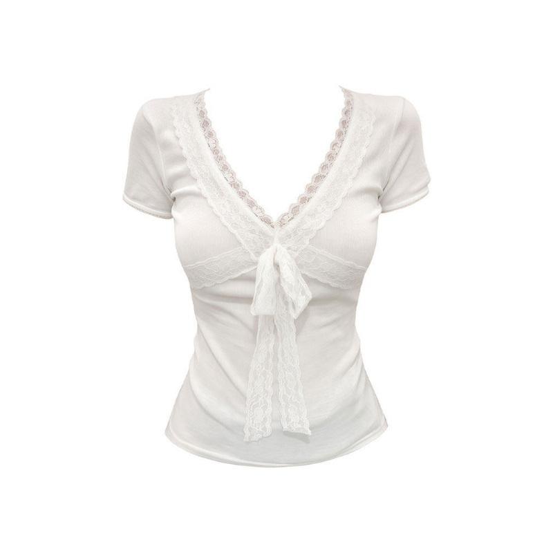 Summer lace splicing straps V-neck front shoulder short-sleeved T-shirt fashionable foreign style slim fit pure desire style versatile top ins