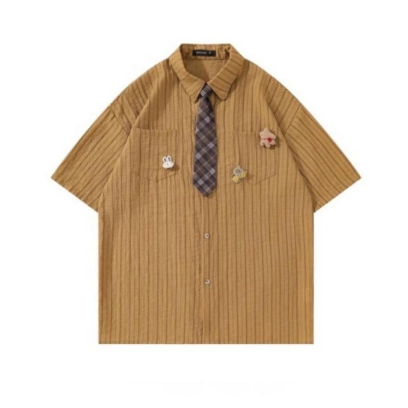 

Striped Short Sleeved Women s Shirt New Lapel Woman Blouse with Tie Loose Casual Summer Couple Top 2XL коричневый