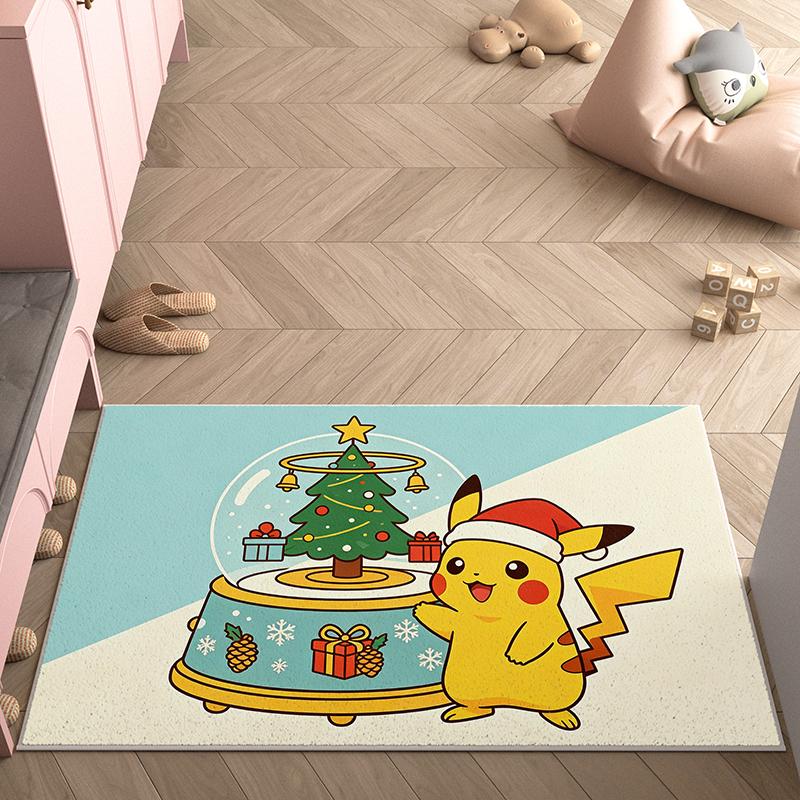 Xmas Tree Snow Globe Pikachu 3D Print Imitation Cashmere Rug, Soft Water Absorbent Mat For Living Room Decor