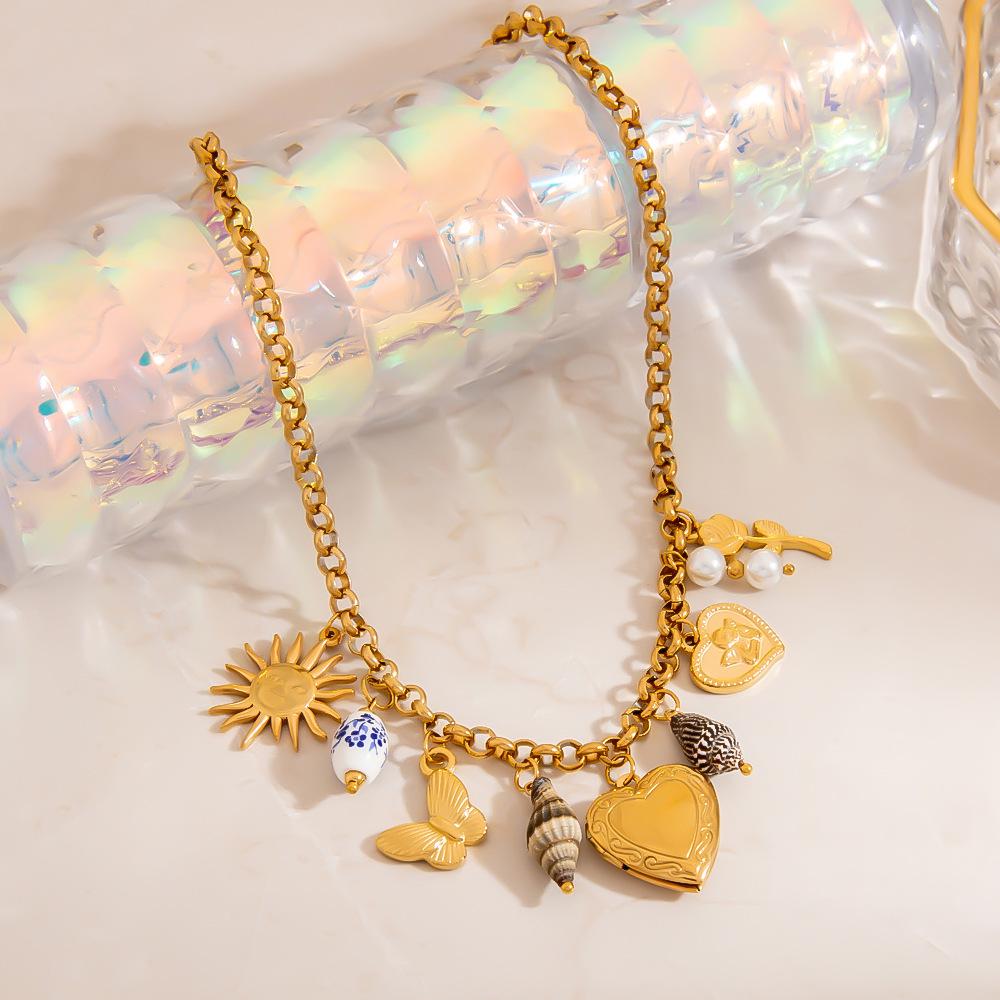18K Gold Platinierte Schmetterling & Herz Kreuz Edelstahl Halskette für Damen