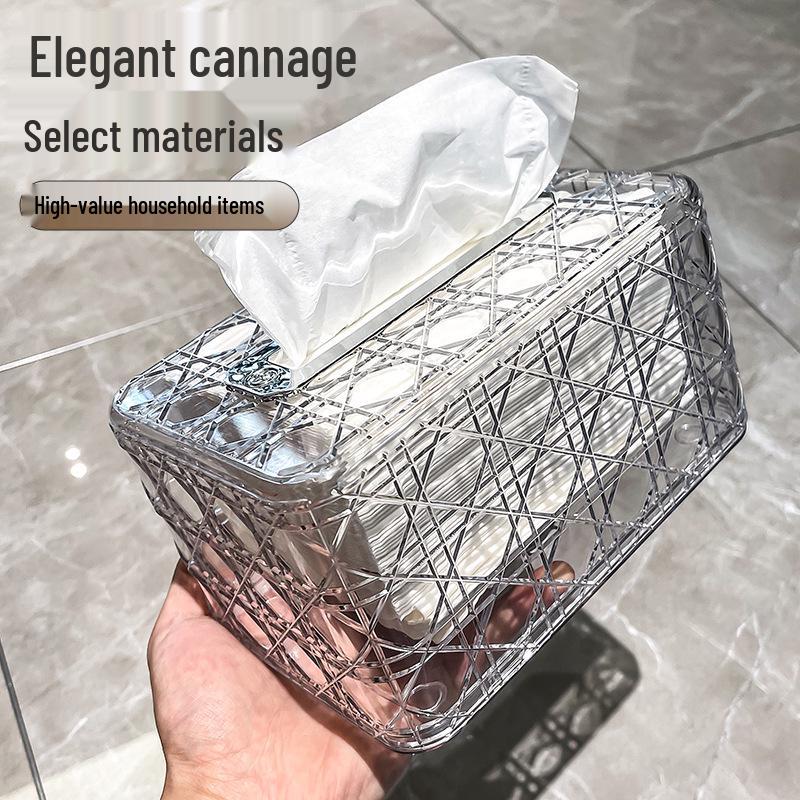 Light Luxury Rattan Tissue Box: Chic Square Design, Spring Lift, Ideal for Living Room & Bathroom Decor.
