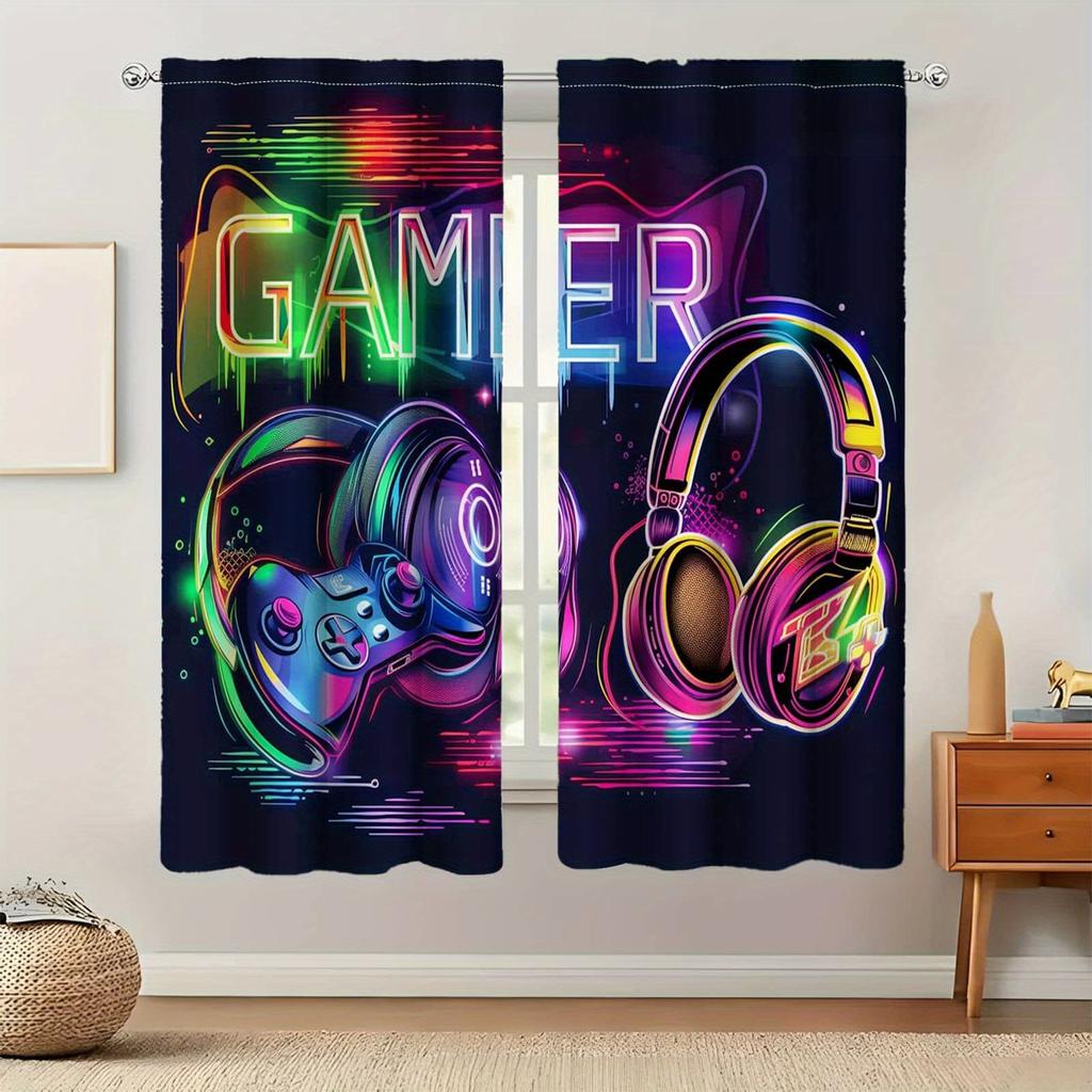 Gamer Blackout Curtains 2pcs Vibrant Gamer-Themed Blackout Curtains | Polyester, Semi-Transparent, Machine Washable - Modern