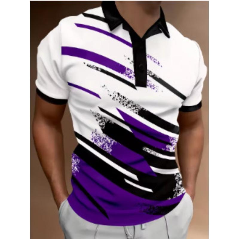 Men's Slim Fit Abstract Print Polo Shirt Black Trim Collar Cuffs Golf Shirt
