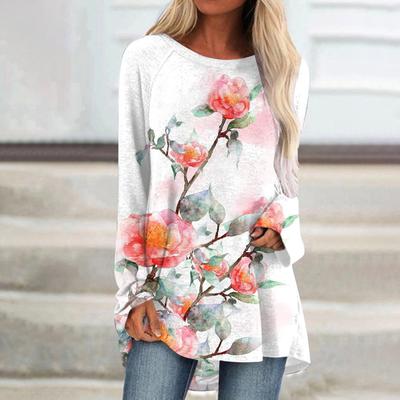 Spring and Autumn Round Neck 3D Flower Printed Top Fashionable Casual Temperament Long Sleeved Women's T-shirts