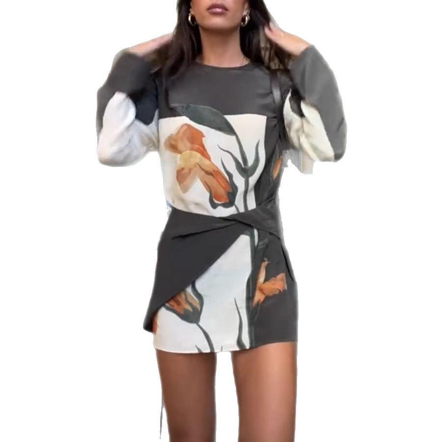 

LYRIA Floral Print Long Sleeve Mini Dress Women Fashion Causal High Waist Lace-up Elegant Vestidos Holiday Long Sleeves Dresses XL сірий колір