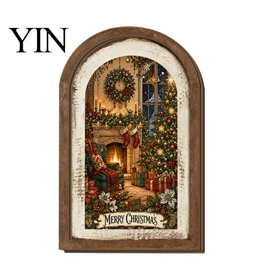 Christmas Garden Decorations Campfire Dinner Wooden Wall Art, Festive Holiday Framed Decor for Ornaments Living Room, Rustic Hanging Ornament