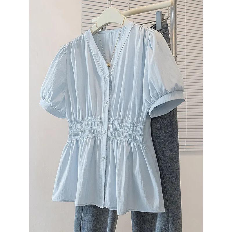 

Womens Solid Color V Neck Puff Sleeve Waist Cinched Blouse M