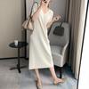 Summer Thin Cool Long Dress V-Neck Loose Slimming Straight Short Sleeve Knit Dress