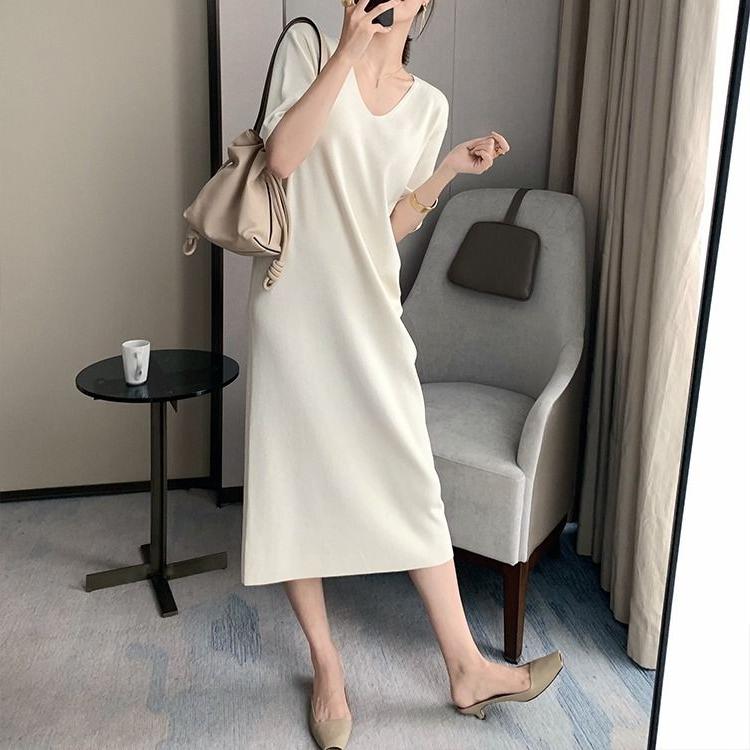 Summer Thin Cool Long Dress V-Neck Loose Slimming Straight Short Sleeve Knit Dress