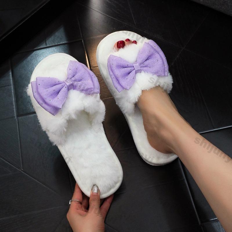 Fashion Women's Plush Slippers 2025 Autumn Winter Fashion Bow-knot Home Cotton Slippers Lightweight Comfortable Soft Sole Non Slip Flats