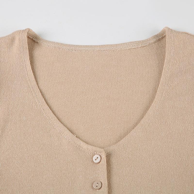 Women Beige V Neck Button Front Short Sleeve Knit Bodycon Mini Dress