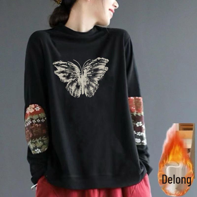 

Роскошный двухсторонний немецкий бархатный топ с ретро этническим принтом - Теплый, с полувысоким воротником, с длинными рукавами 3XL 145-160 jin