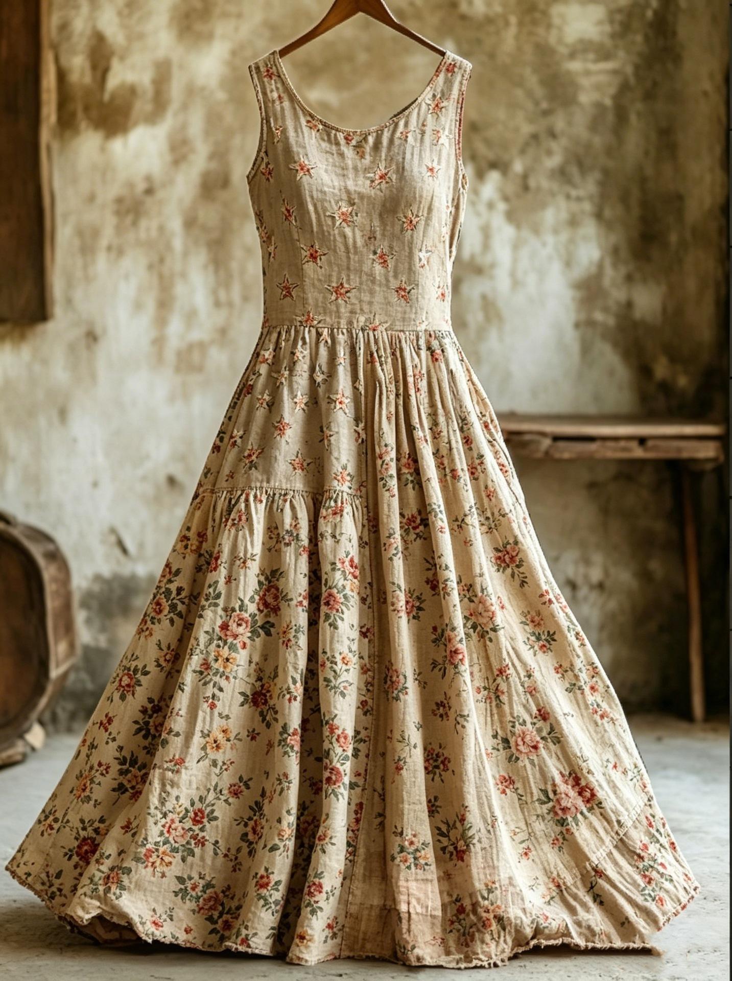 Retro floral embroidery sleeveless layered cotton and linen dress women s Mori long dress S