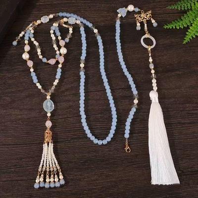 Colar Estilo Antigo Dinastia Ming com Pingente de Borla de Nuvem Azul e Acessório Yingluo Macio Hanfu.